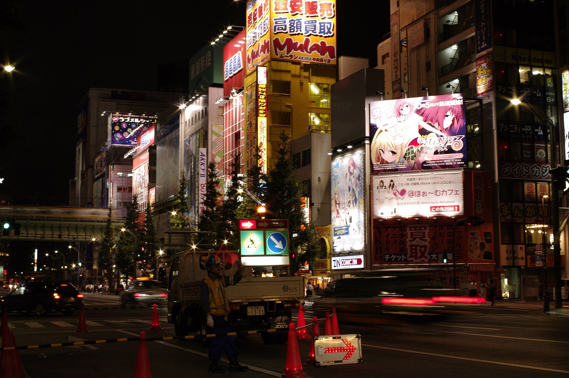 Anime billboards and entertainment signage along Akihabara streets at night in 2012