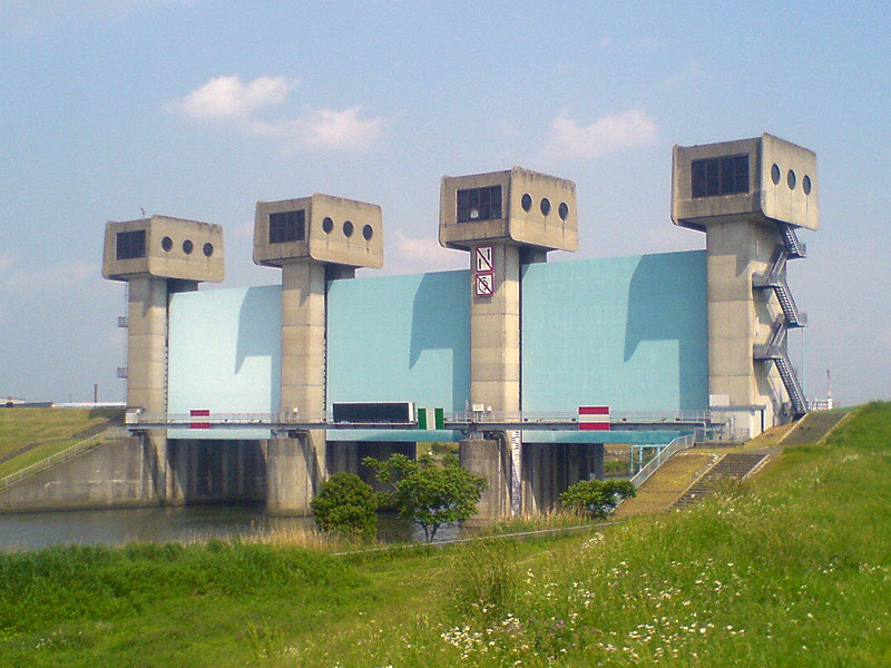 New Iwabuchi Sluice Gate, known as the Blue Gate, on the Arakawa River in Tokyo
