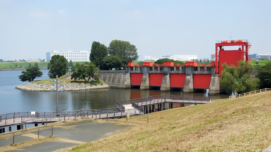Old Iwabuchi Sluice Gate, known as the Red Gate, at the Arakawa and Sumida River junction in Tokyo
