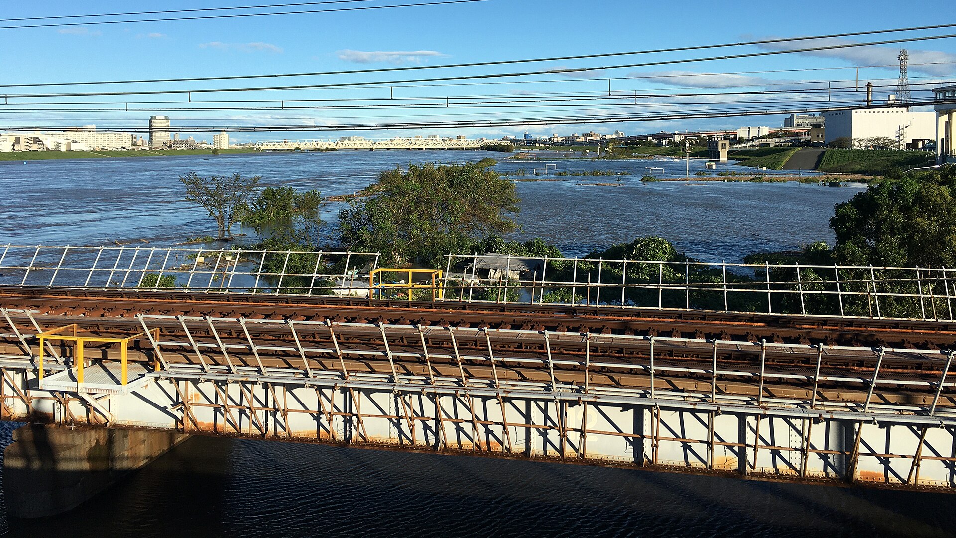 Swollen Arakawa River after Typhoon Hagibis in October 2019, viewed from Horikiri Bridge in Tokyo