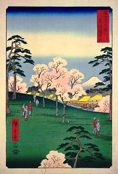 Utagawa Hiroshige's view of cherry-blossom viewing at Asukayama around 1858