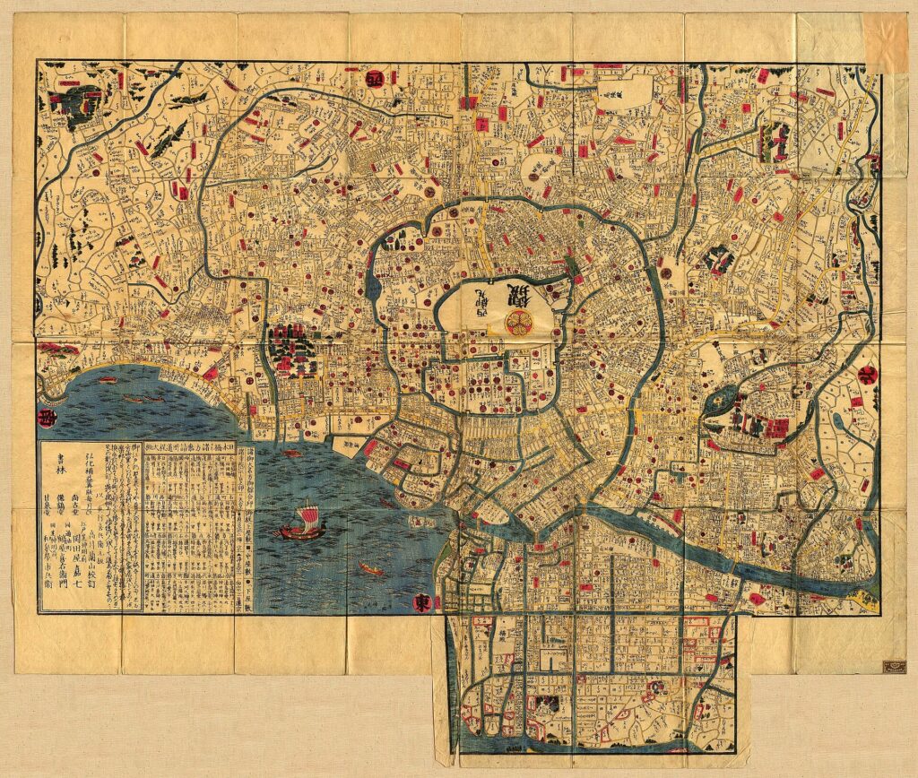 Detailed map of Edo in the 1840s showing the castle, districts, roads and waterways