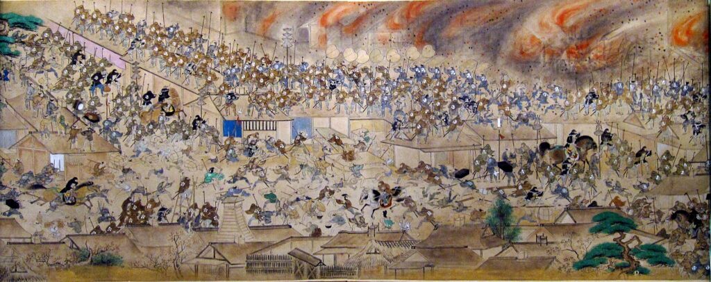 A wide handscroll depiction of people fleeing the Great Fire of Meireki in Edo