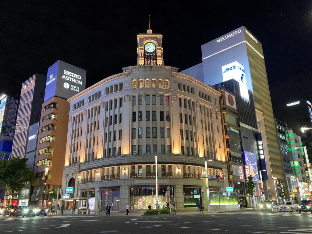 Ginza 4-chome intersection at night with the Wako clock tower and illuminated commercial buildings