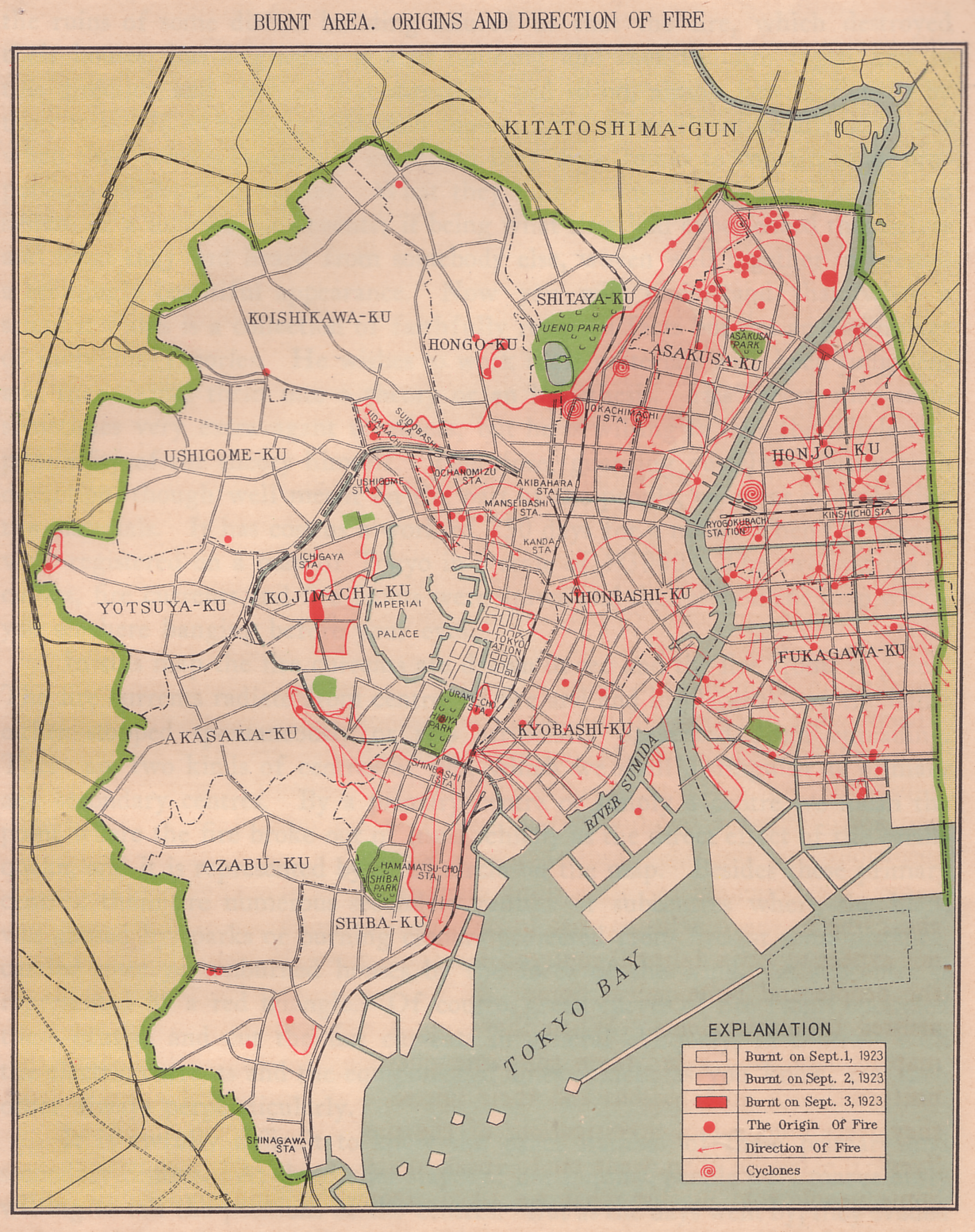 Map showing the areas of Tokyo burned after the 1923 Great Kanto Earthquake