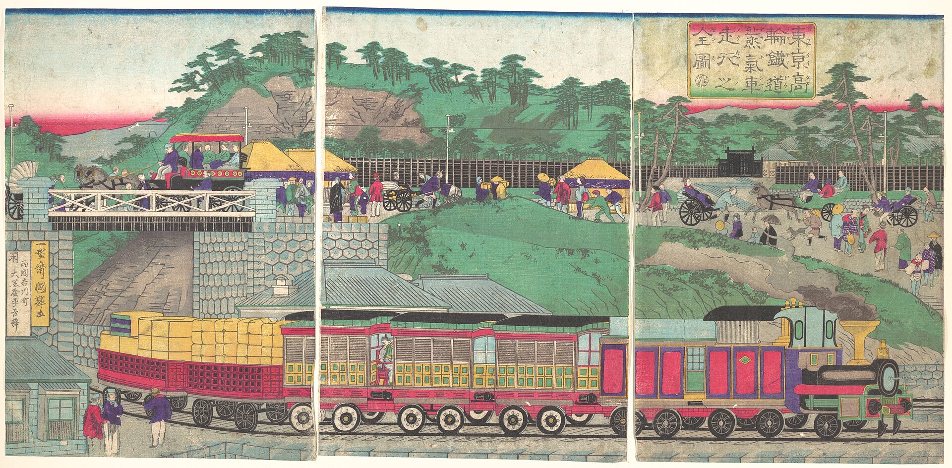 Utagawa Kuniteru print of a steam locomotive running along the Takanawa railroad