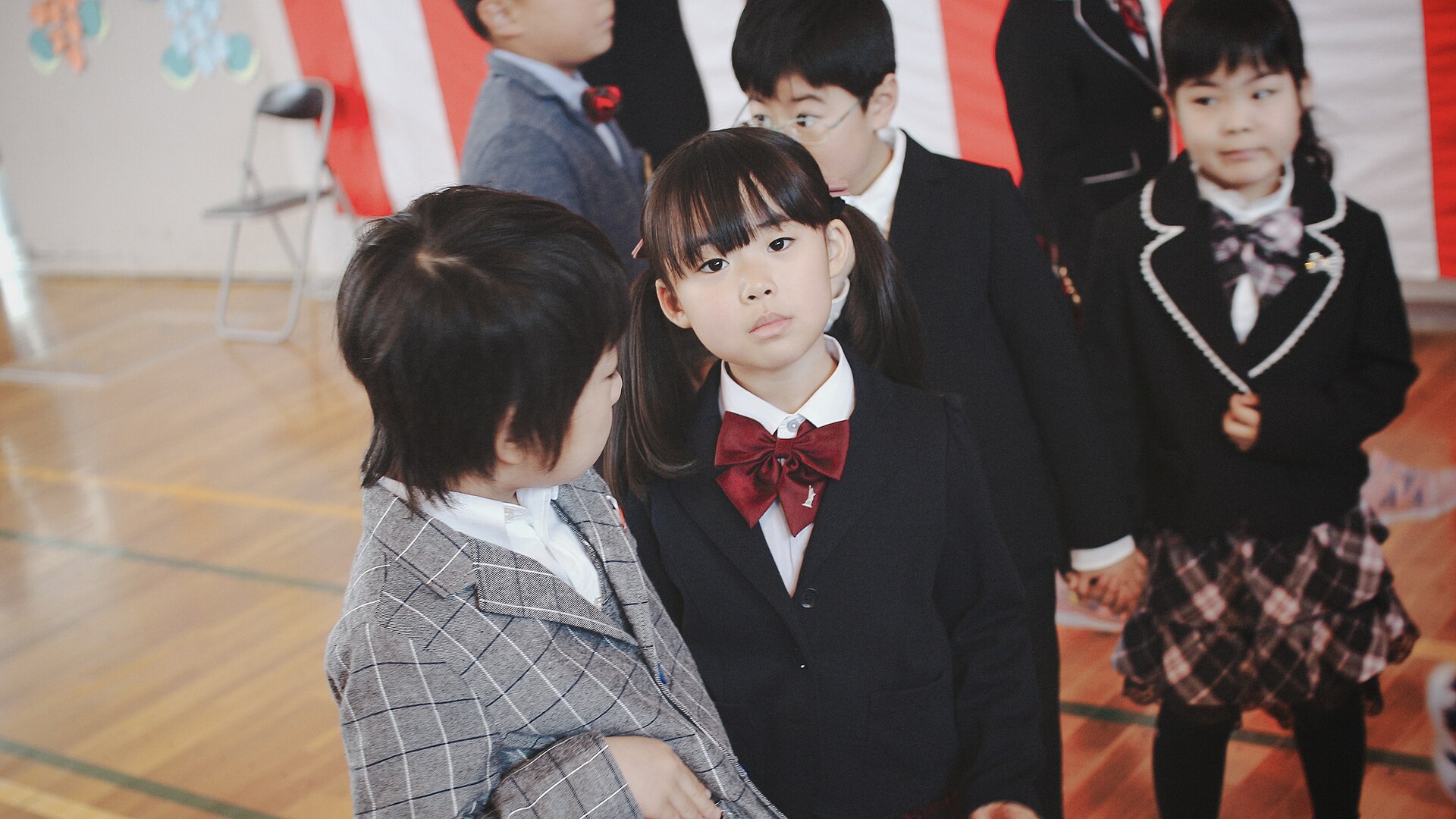 Children at an elementary school entrance ceremony in Sapporo in April