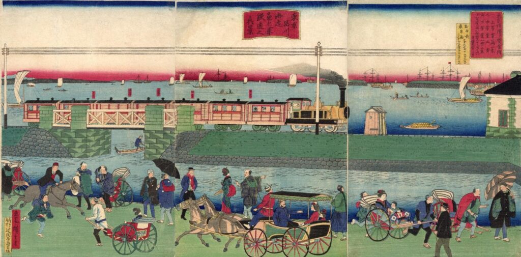 A steam train running along the Takanawa coast in an early Meiji woodblock print