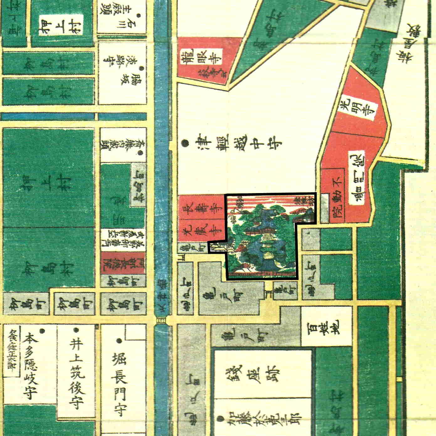 Detail of an 1855 Honjo kiriezu map showing Kameido Tenjin and the surrounding lowland landscape