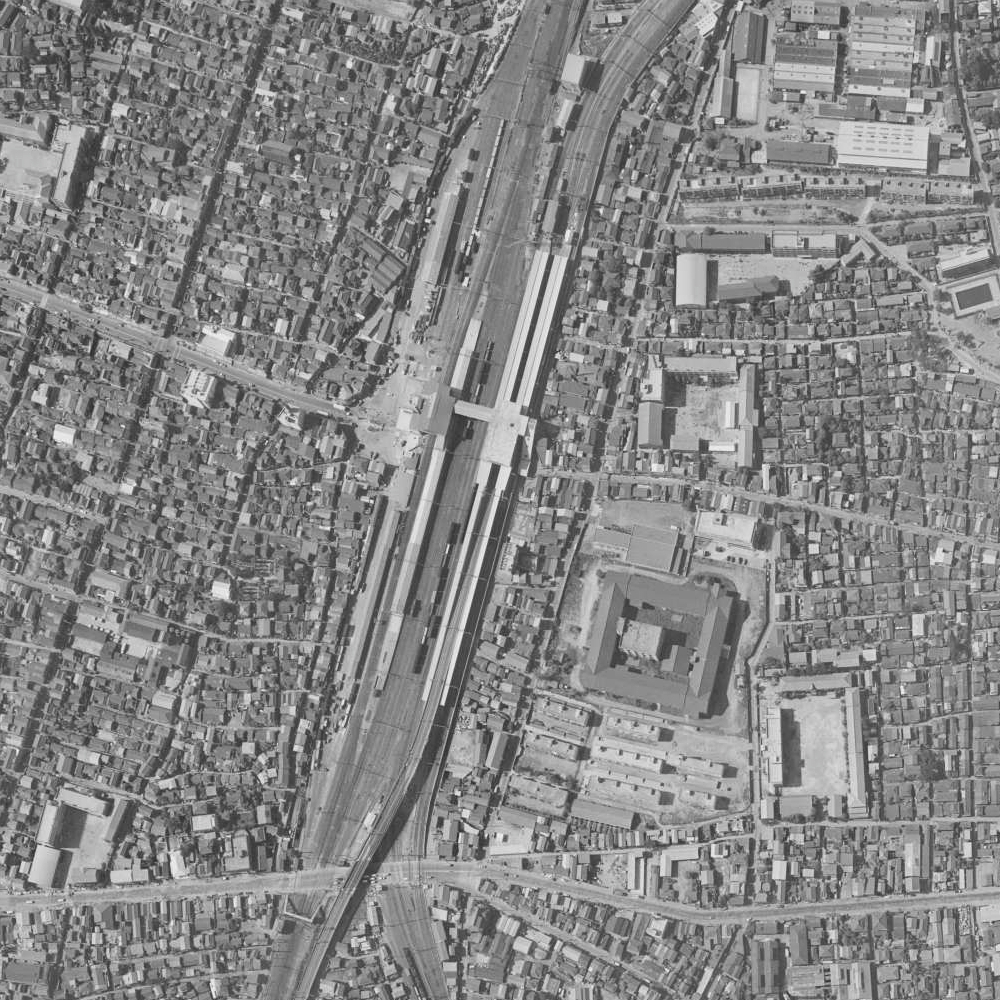 Aerial view of Kita-Senju Station and surrounding streets in June 1963
