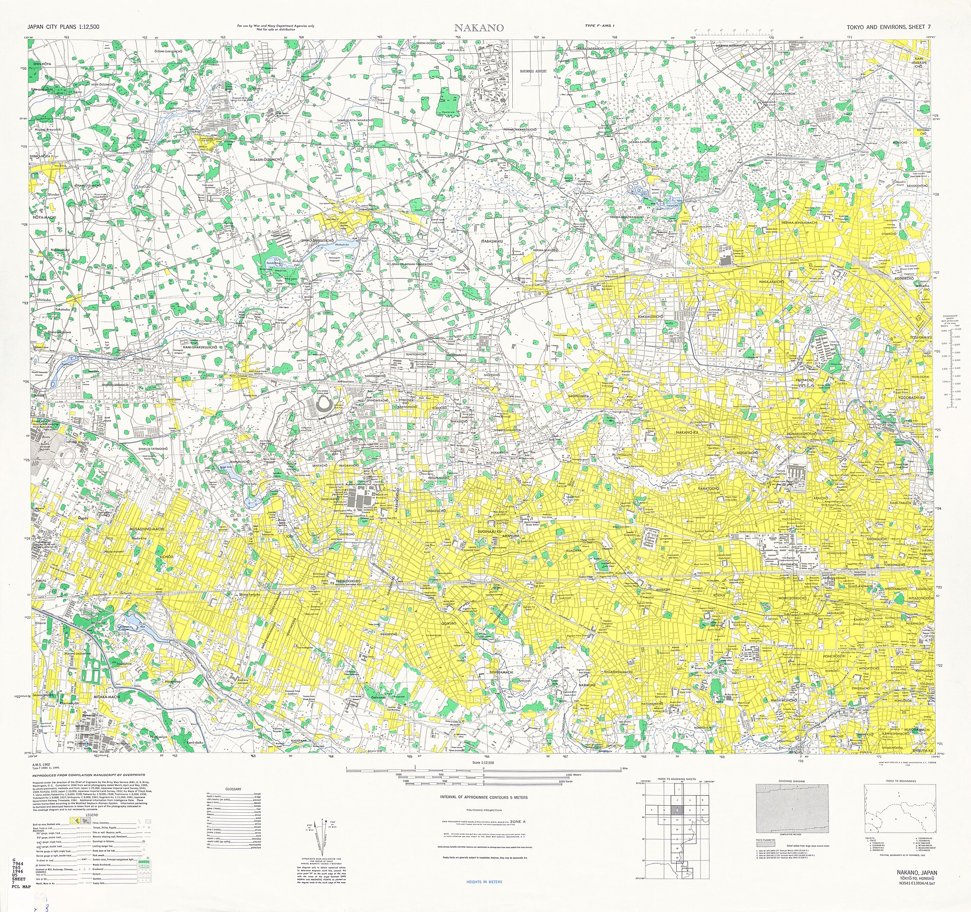 U.S. Army Map Service map of Nakano and western Tokyo from 1945–1946