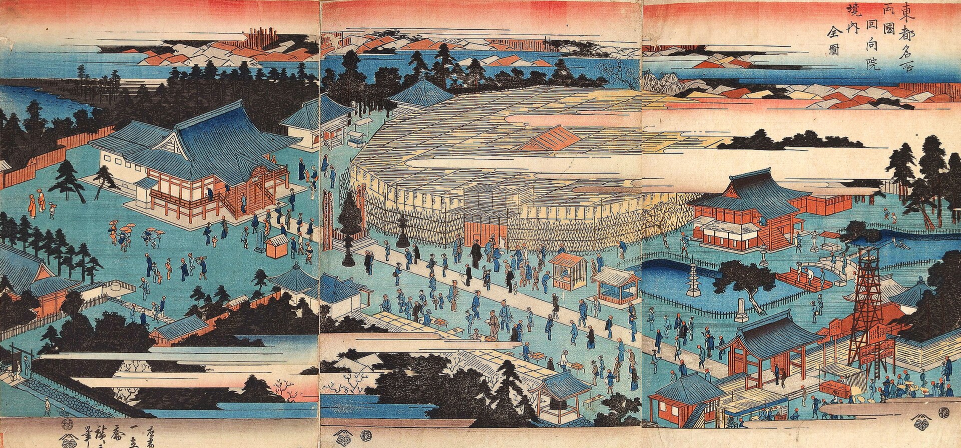 Utagawa Hiroshige print of the precincts of Ekoin Temple in Ryogoku in 1842