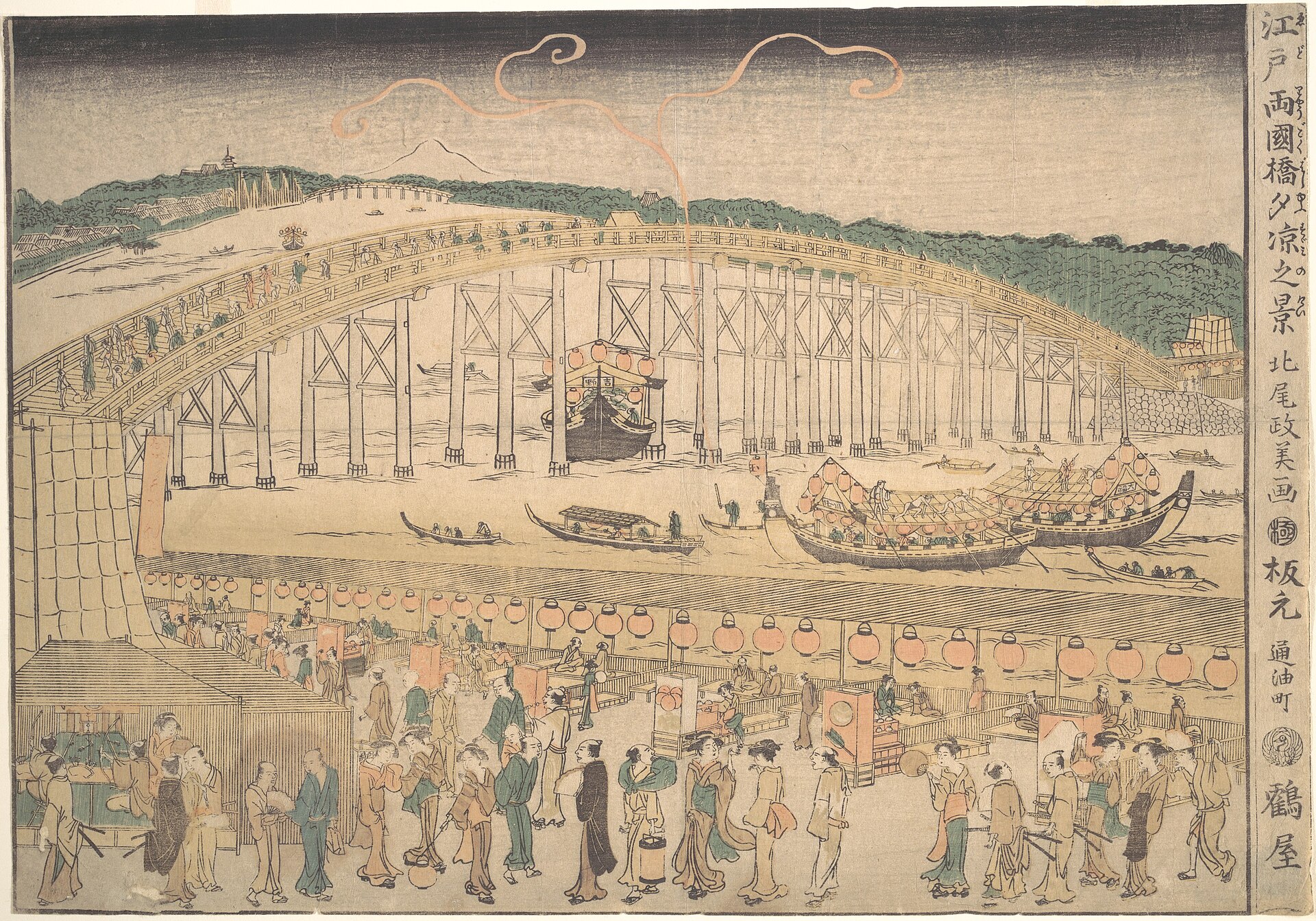 Kuwagata Keisai's view of crowds and river traffic around Ryogoku Bridge in Edo