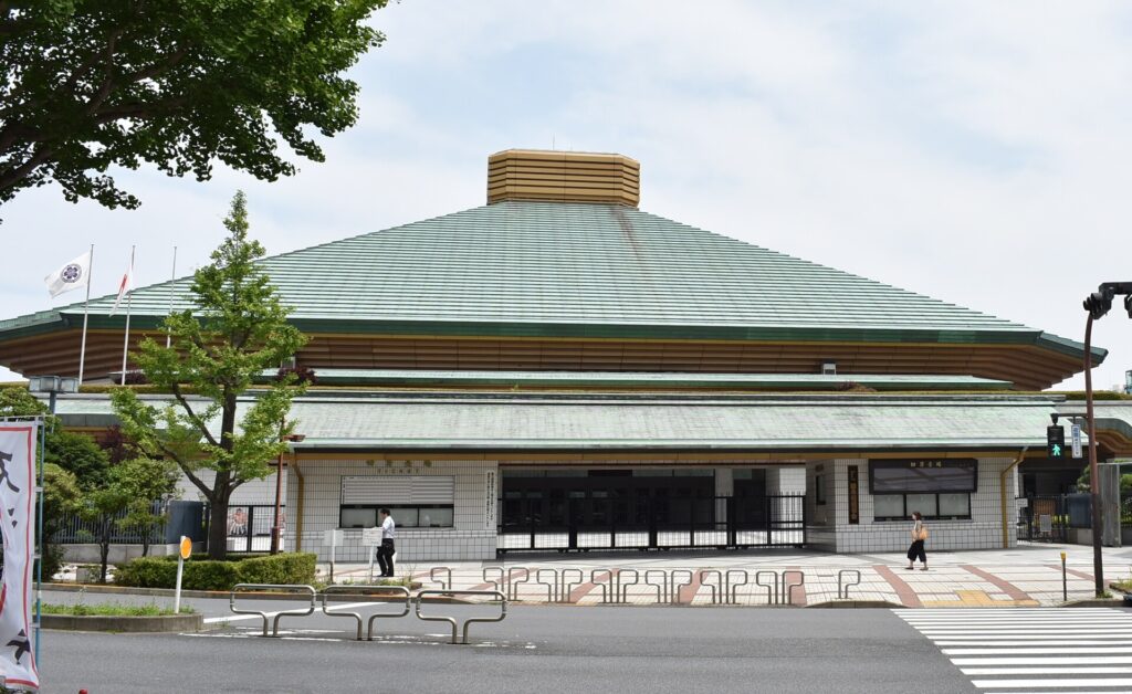 The exterior of Ryogoku Kokugikan, Tokyo's principal sumo arena, in 2018