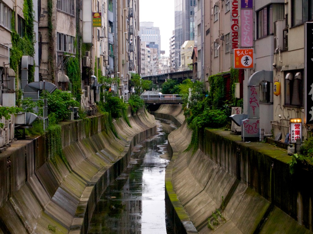 The open Shibuya River seen downstream from Inari Bridge south of Shibuya Station