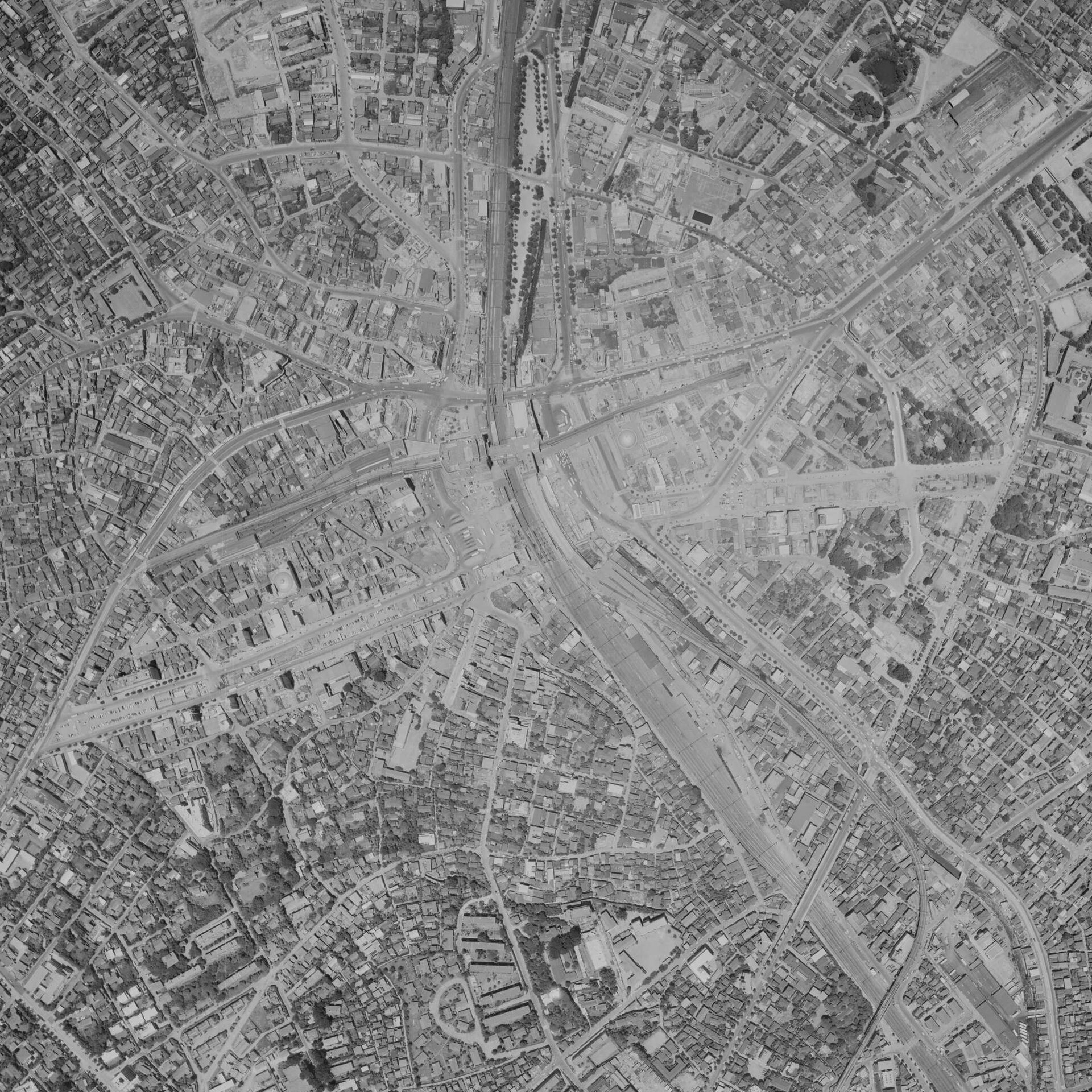 Aerial view of Shibuya Station and surrounding streets in June 1963