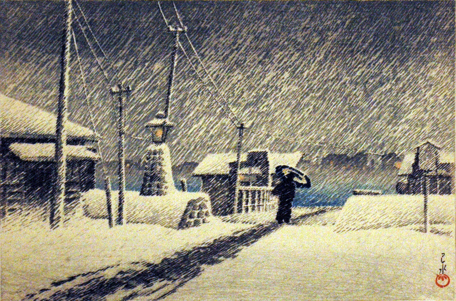 Kawase Hasui print of a snowy street in Tsukishima
