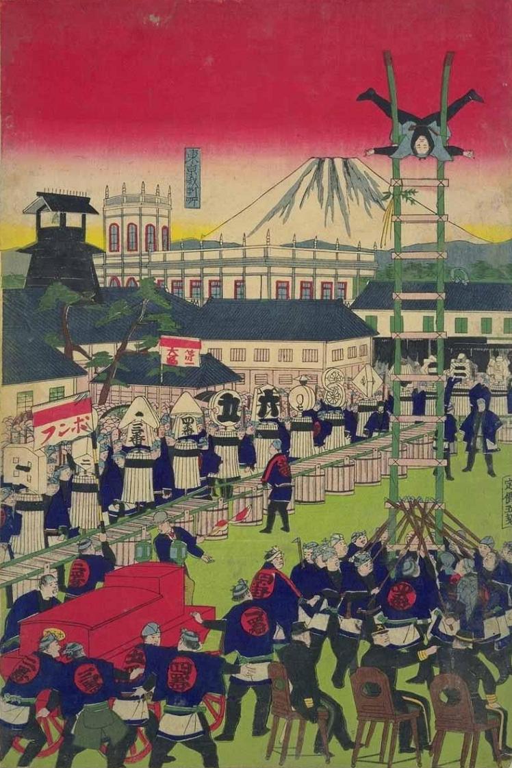 A color woodblock print of Tokyo firefighters performing on a ladder in 1876