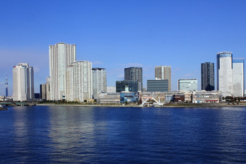 Toyosu waterfront skyline seen from Harumi Bridge in Tokyo