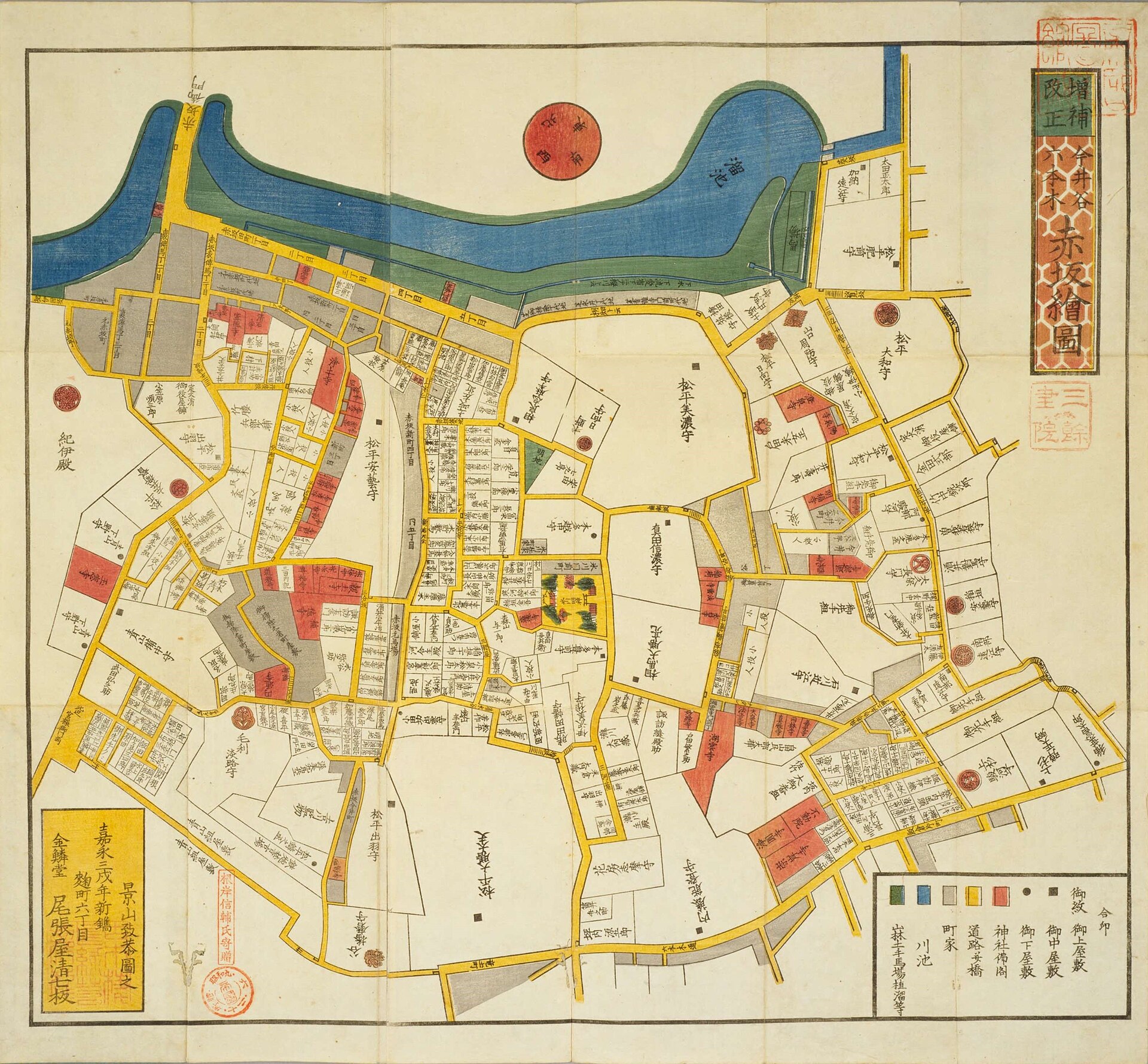 Mid-nineteenth-century kiriezu map of Akasaka showing the outer moat, samurai estates, temples, shrines and town blocks