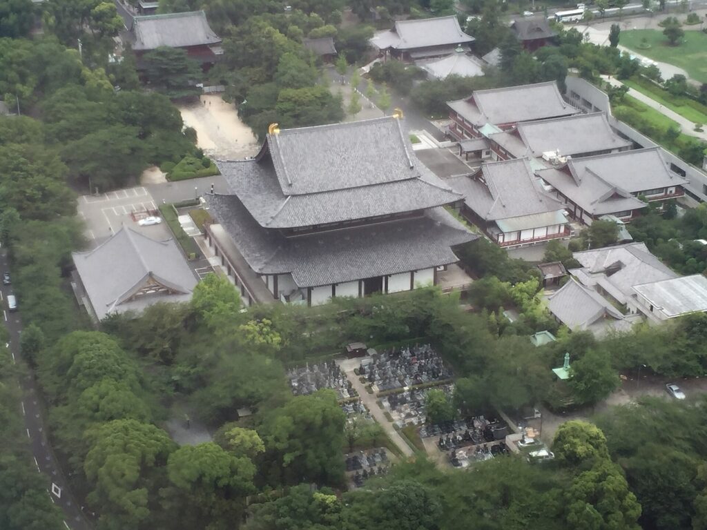 Zojoji Temple precinct and surrounding city seen from Tokyo Tower
