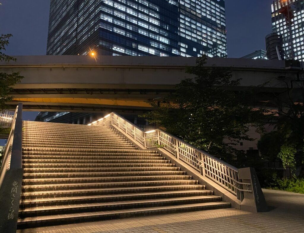 夜にライトアップされた竜閑さくら橋の階段