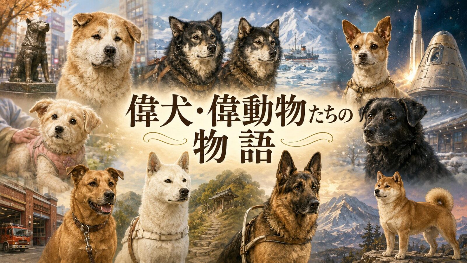 ハチ公、タロ・ジロ、ライカ、チロリ、クロ、ぶん公、ゴン、サーブ、タマ公など歴史に残る犬たちを描いた「偉犬・偉動物たちの物語」のアイキャッチ