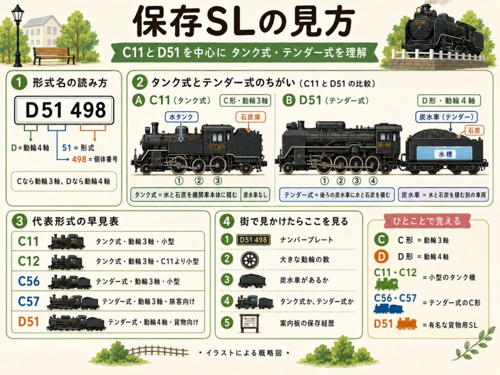 C11とD51を中心に、タンク式・テンダー式や炭水車の違いを説明した保存SLの見方ガイド