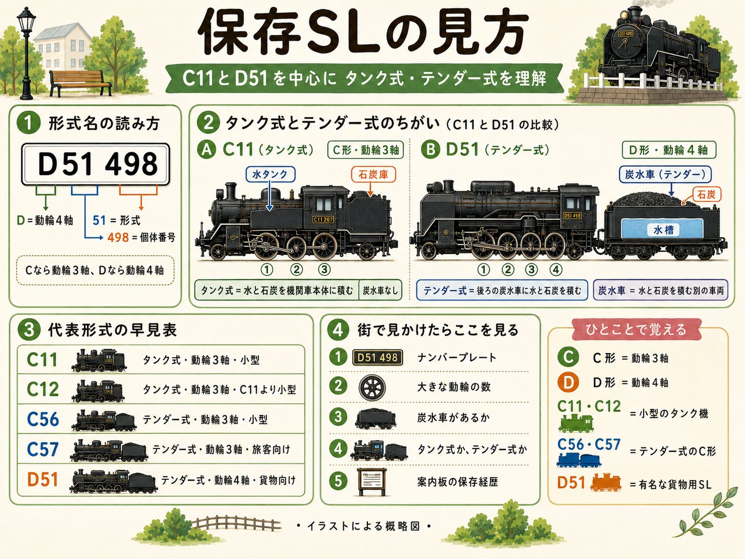 C11とD51を中心に、タンク式・テンダー式や炭水車の違いを説明した保存SLの見方ガイド