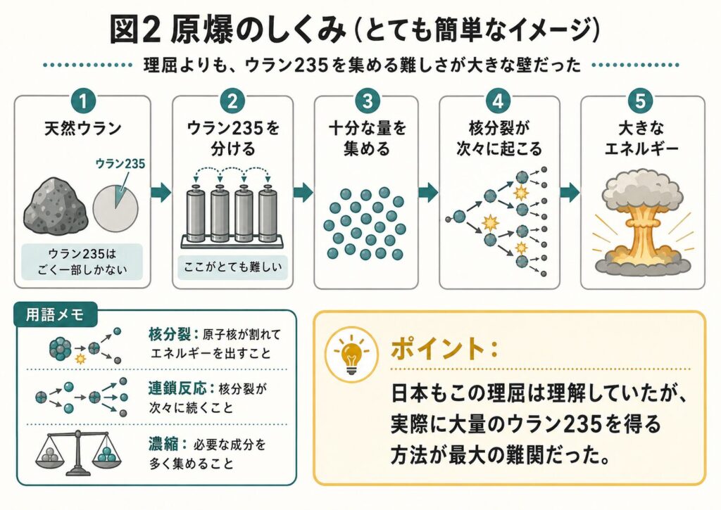 天然ウランからウラン235を分離し連鎖反応に至る原爆のしくみ