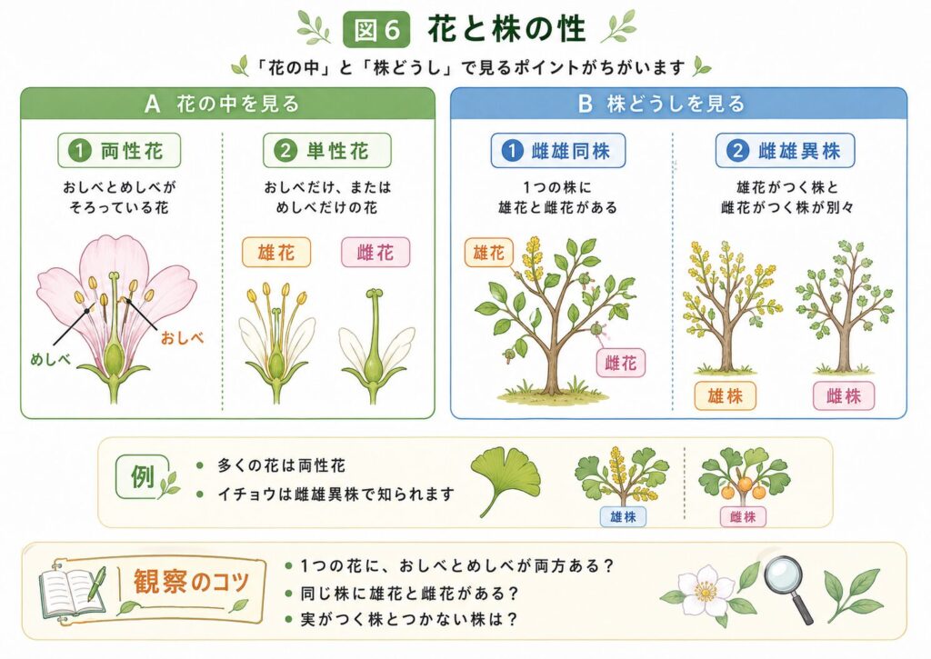 両性花、単性花、雌雄同株、雌雄異株の違い