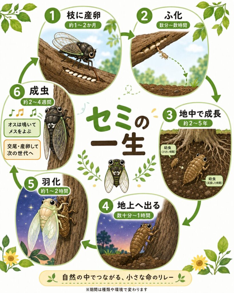 セミが枝に産卵し、孵化、地中での成長、地上への移動、羽化、成虫になるまでの一生を示した図