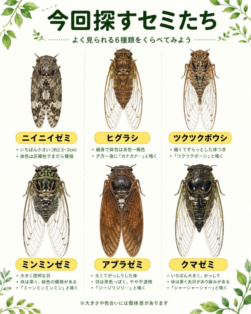 ニイニイゼミ、ヒグラシ、ツクツクボウシ、ミンミンゼミ、アブラゼミ、クマゼミの特徴を並べた比較図