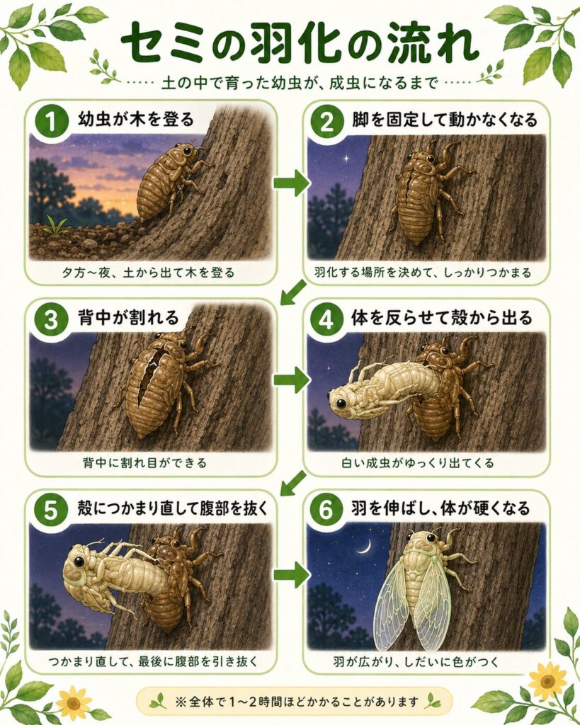 セミの幼虫が木を登り、背中が割れ、殻から出て羽を伸ばすまでの羽化の流れを6段階で示した図