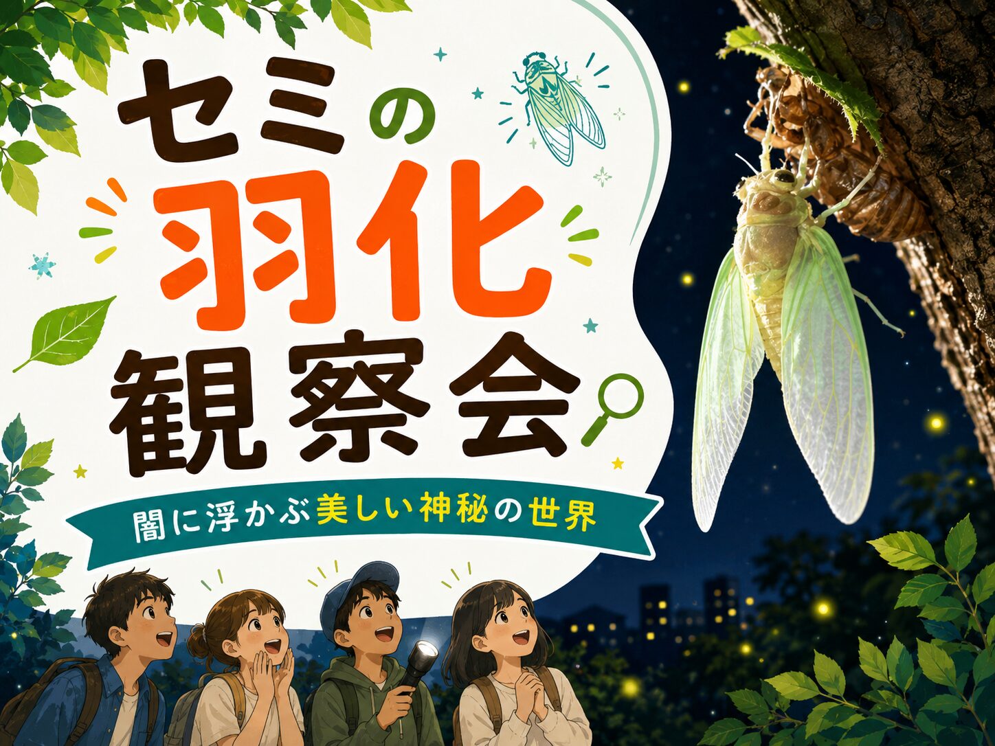 セミの羽化観察会の案内画像。木の幹で羽化するセミと夜の公園を描いたイラスト