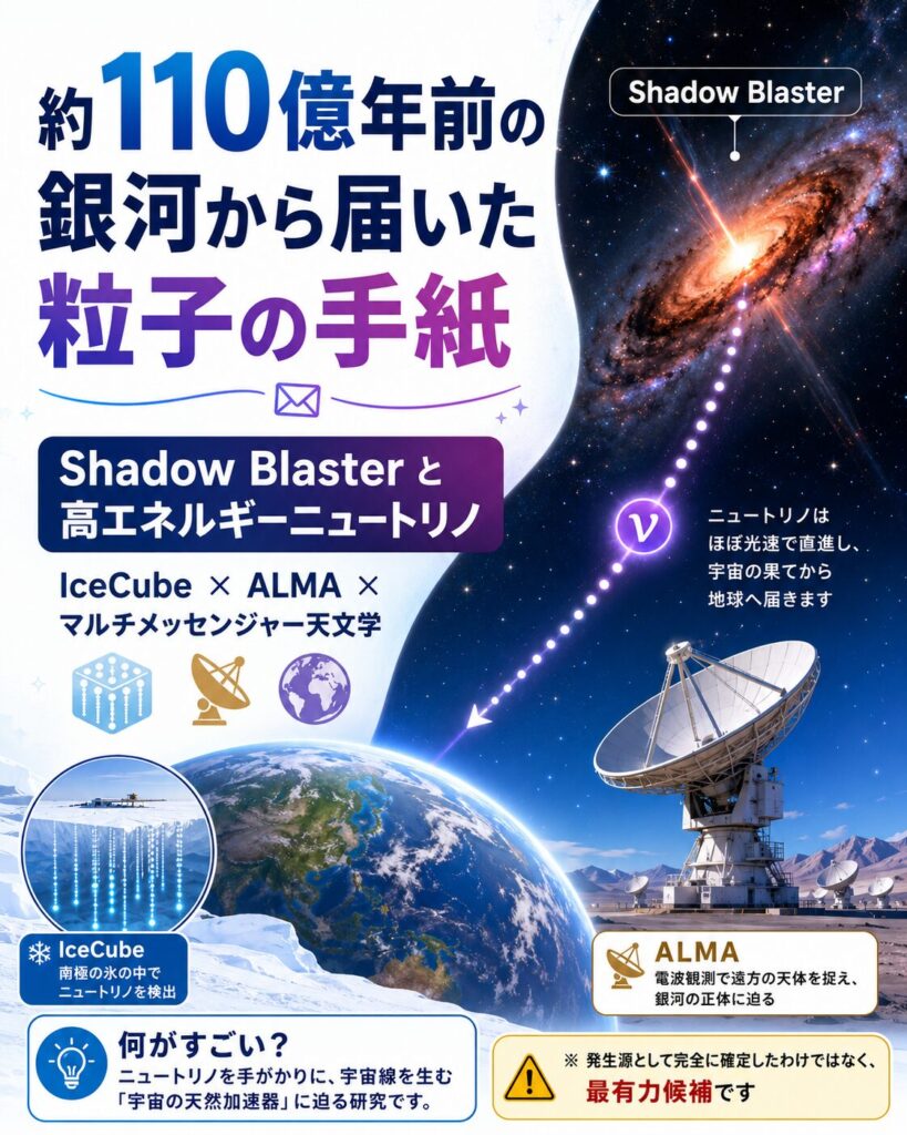 約110億年前の銀河Shadow Blasterから地球へ届くニュートリノとALMA望遠鏡を描いた導入画像