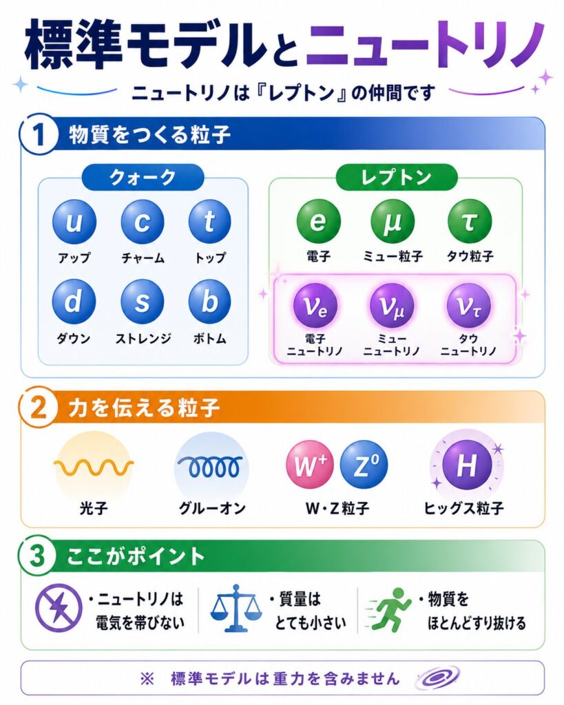 標準モデルの中でニュートリノがレプトンの仲間であることを説明する図