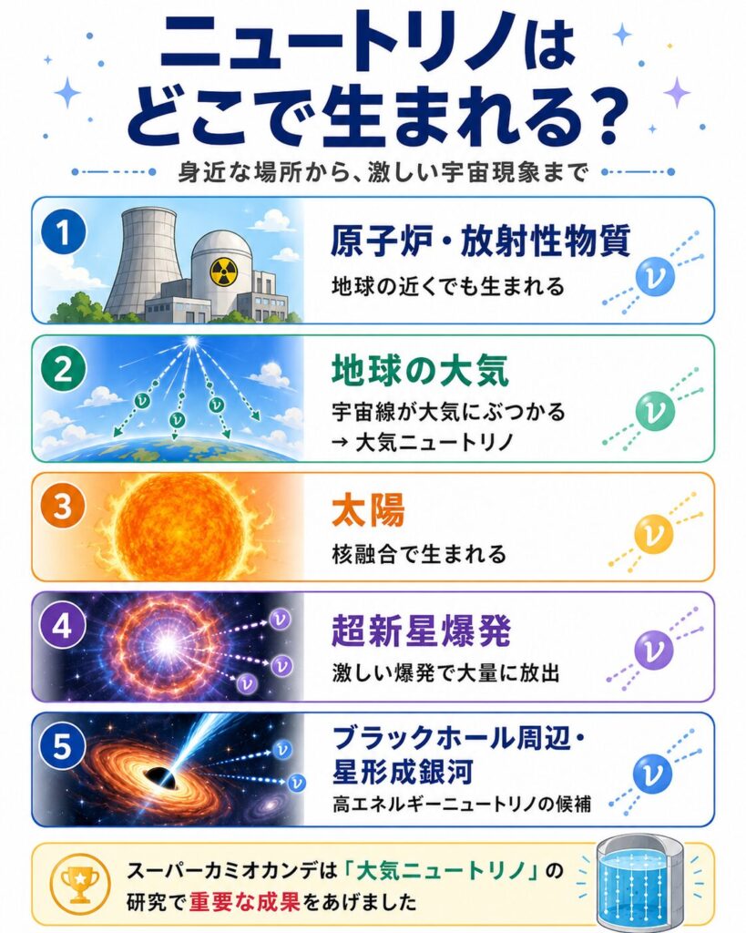 原子炉、大気、太陽、超新星、ブラックホール周辺などニュートリノの発生源を示す図