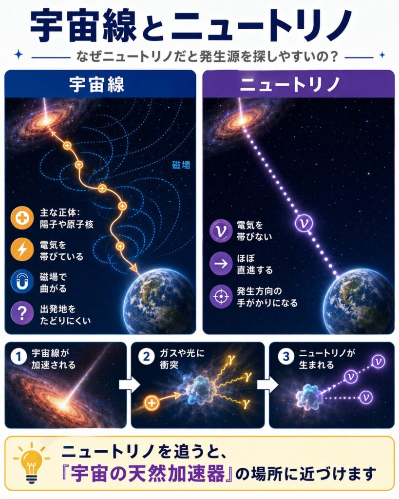 宇宙線は磁場で曲がり、ニュートリノは直進しやすいことを比較する図