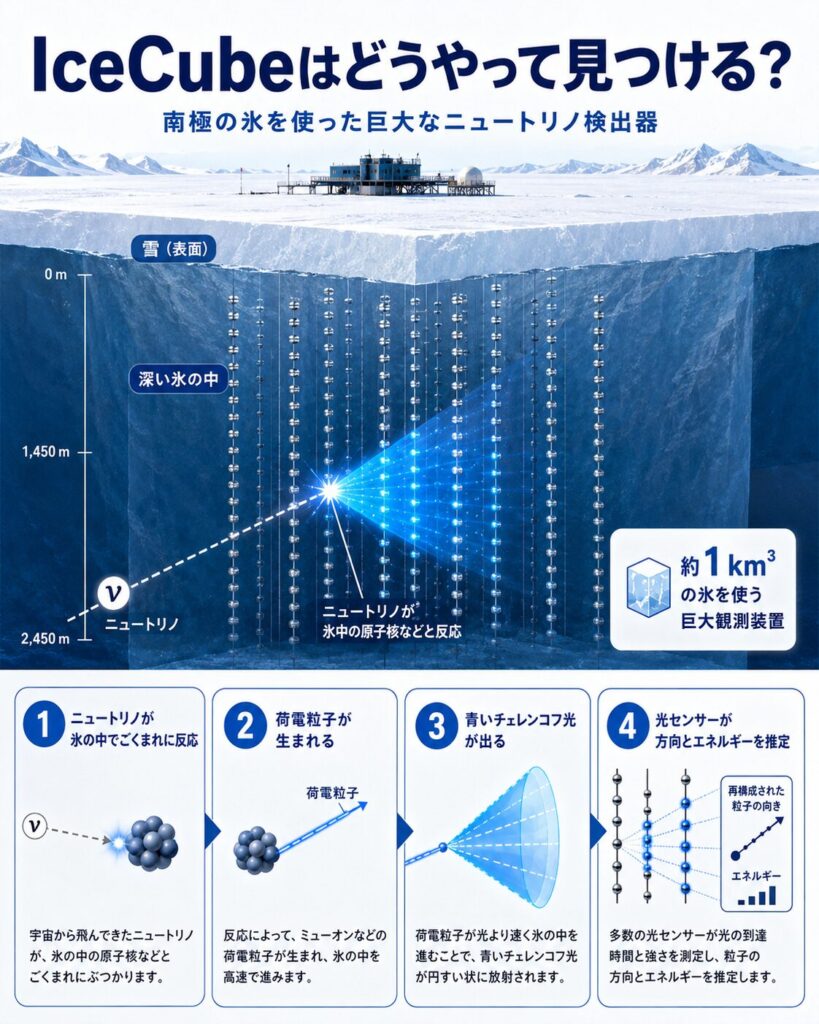 南極の氷の中でIceCubeがニュートリノ反応を検出する仕組み