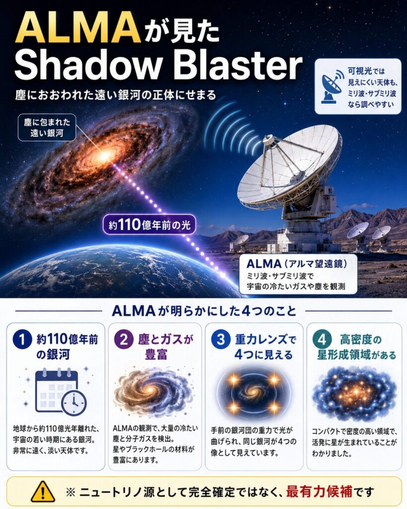 ALMA望遠鏡が塵に包まれた遠方銀河Shadow Blasterの性質を調べたことを示す図
