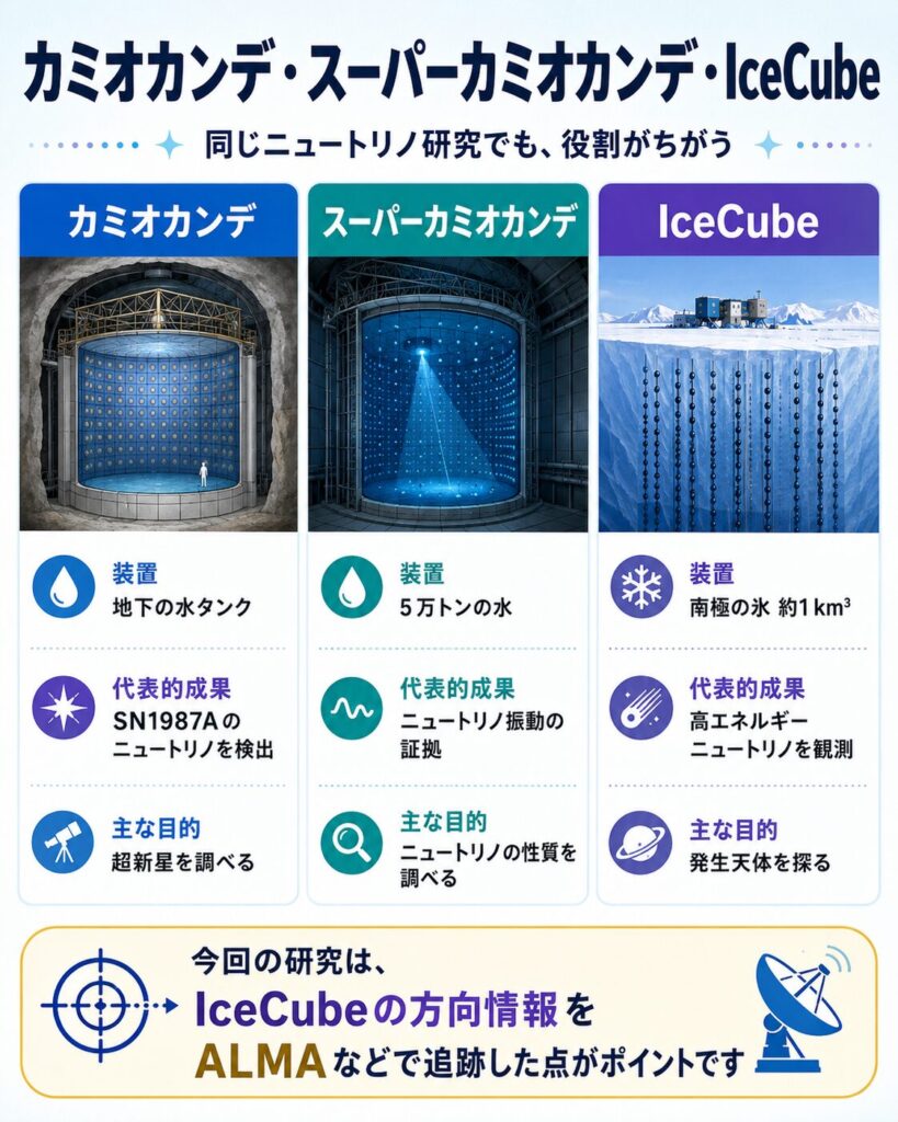 カミオカンデ、スーパーカミオカンデ、IceCubeの役割の違いを比較する図