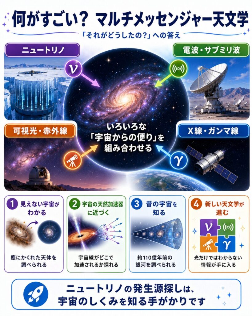 ニュートリノ、電波、可視光、X線などを組み合わせて宇宙を調べる考え方を示す図