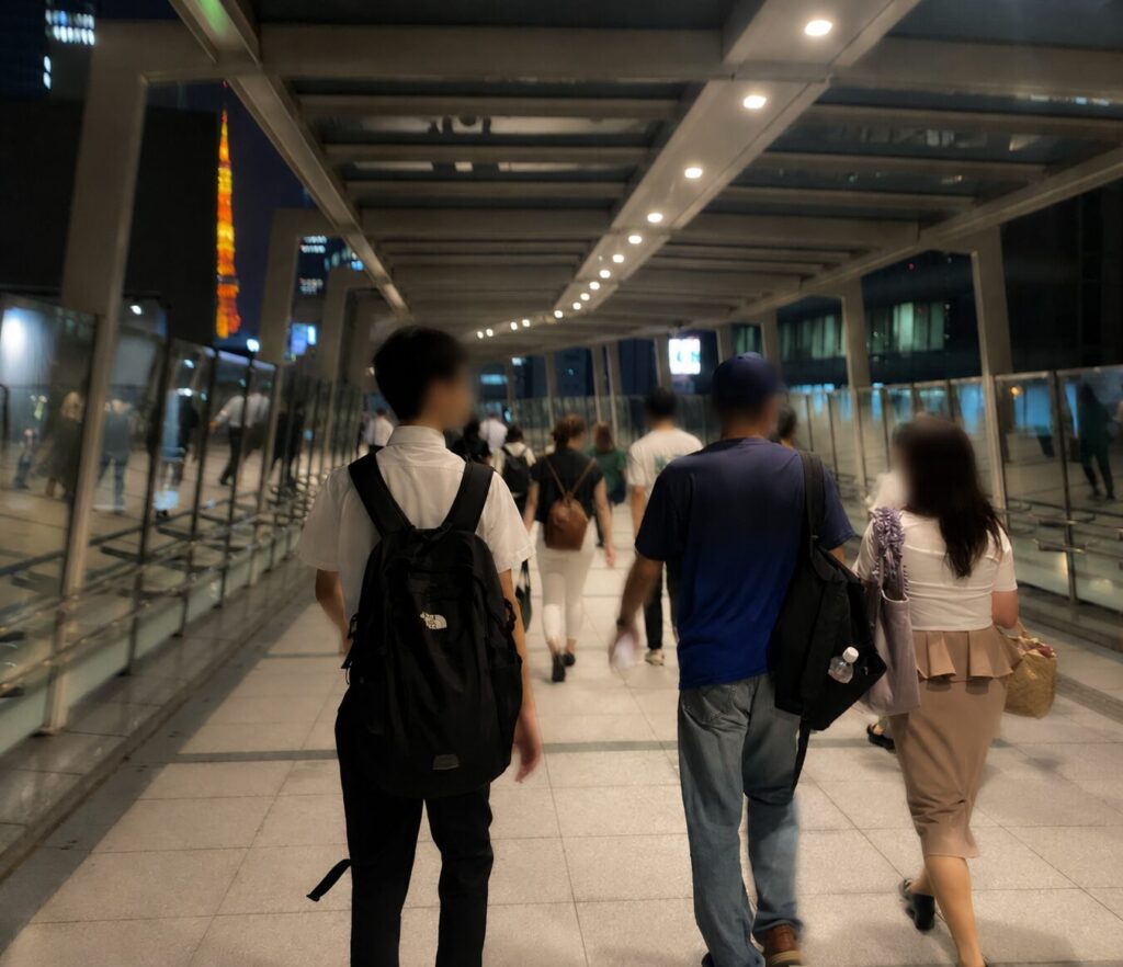 東京タワーを眺めながら歩く参加者