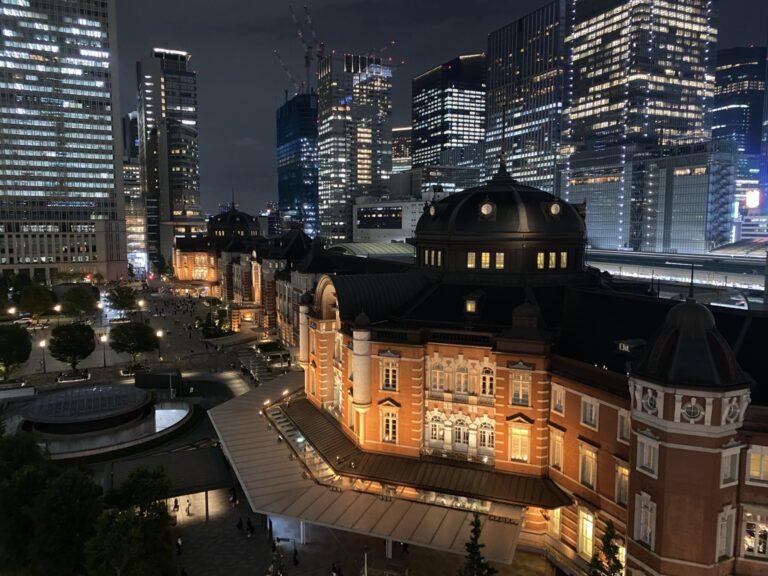 東京駅丸の内駅舎と高層ビル群を望む夜景