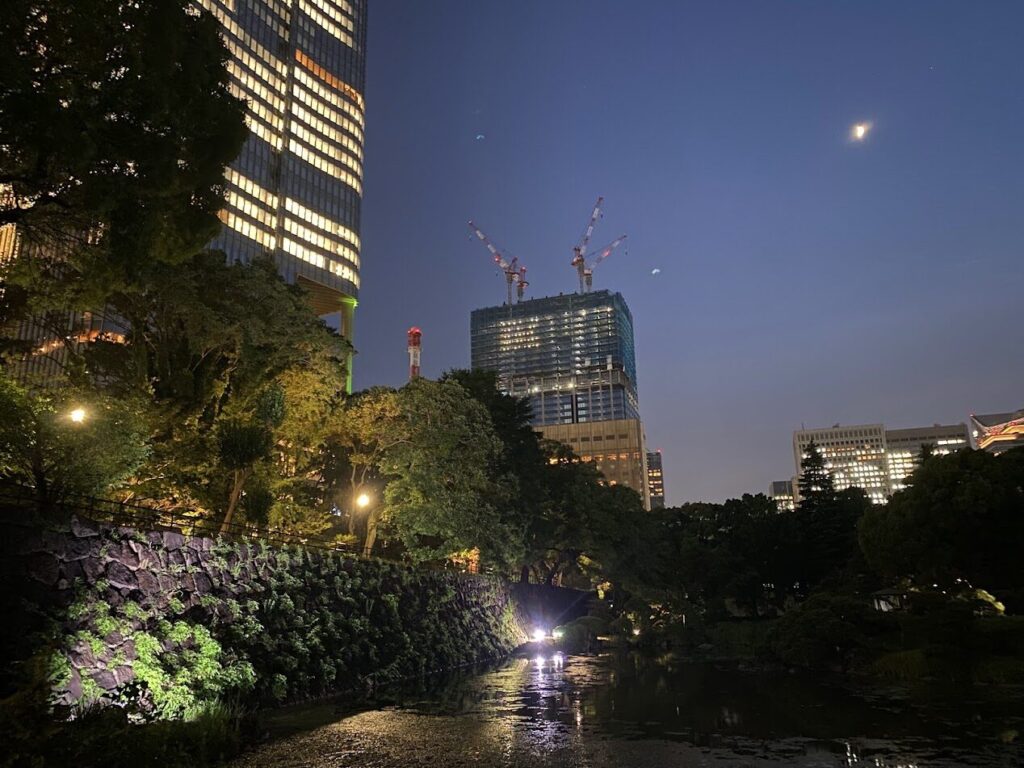 ライトアップされた日比谷見附の石垣と心字池