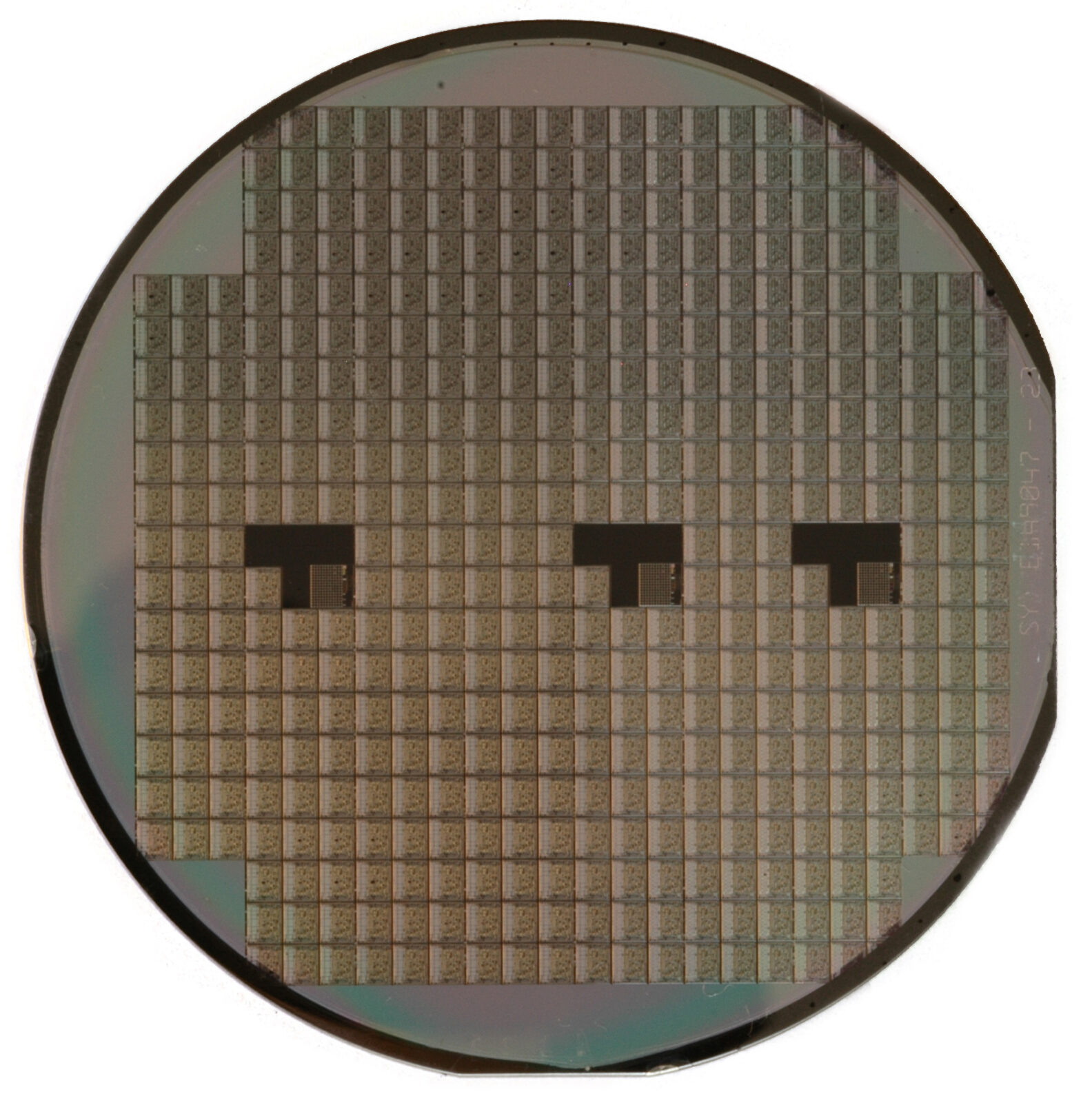 多数の半導体チップが並ぶ円形のシリコンウエハー