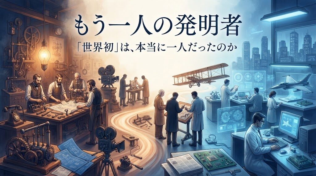 発明が工房での試作から現代の研究開発へ受け継がれていく様子を描いた「もう一人の発明者」のイメージ