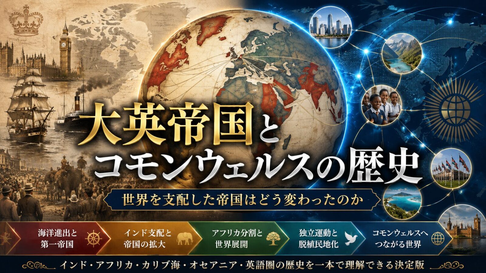 大英帝国から現代コモンウェルスへの変化を、古地図、航路、地球儀、国際ネットワークで表した歴史解説記事のアイキャッチ