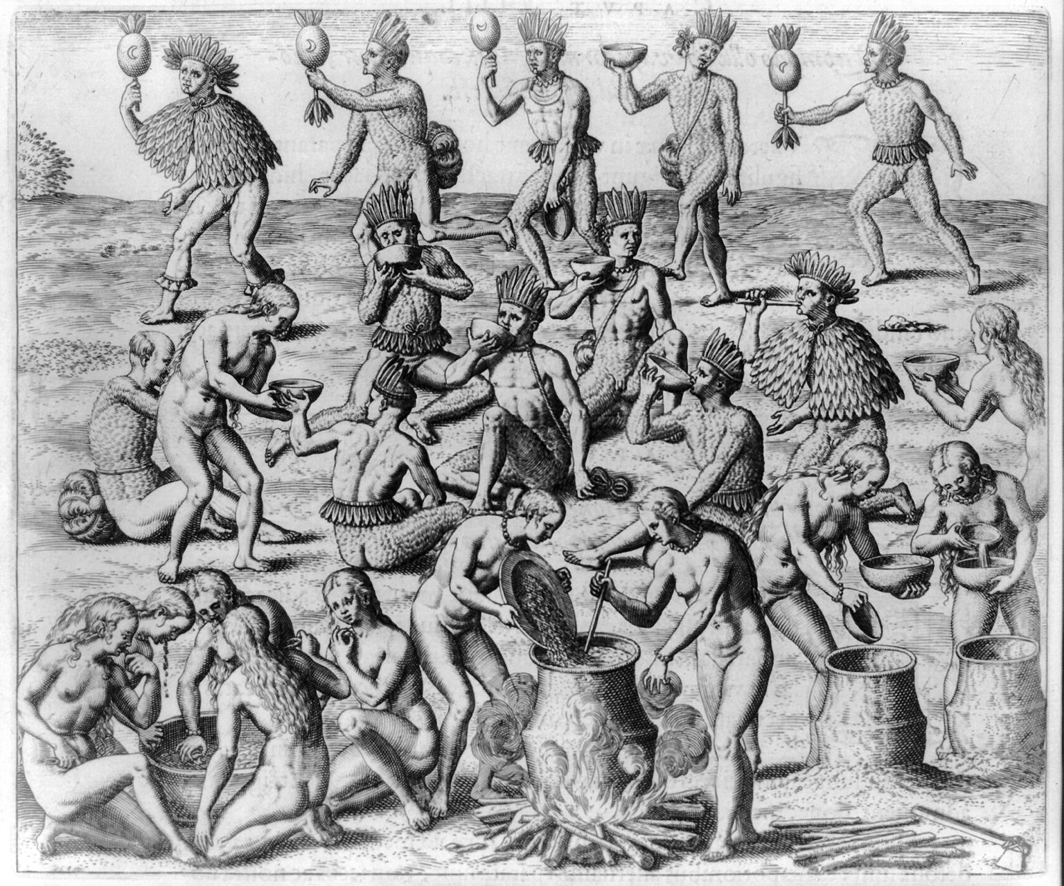 16世紀のヨーロッパ版画に描かれたトゥピナンバの女性たちによるキャッサバ酒の準備